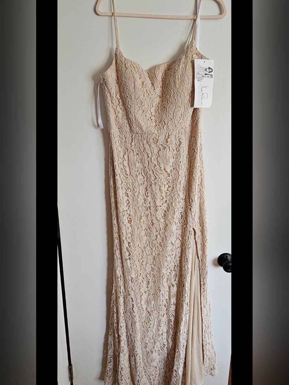 Hayley Paige Occasions Thin Strap Lace Gown in Cashmere